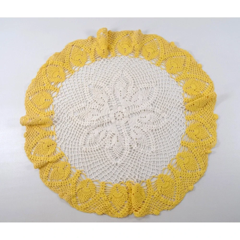 Vintage Round White & Yellow Handmade Crochet Doily 22